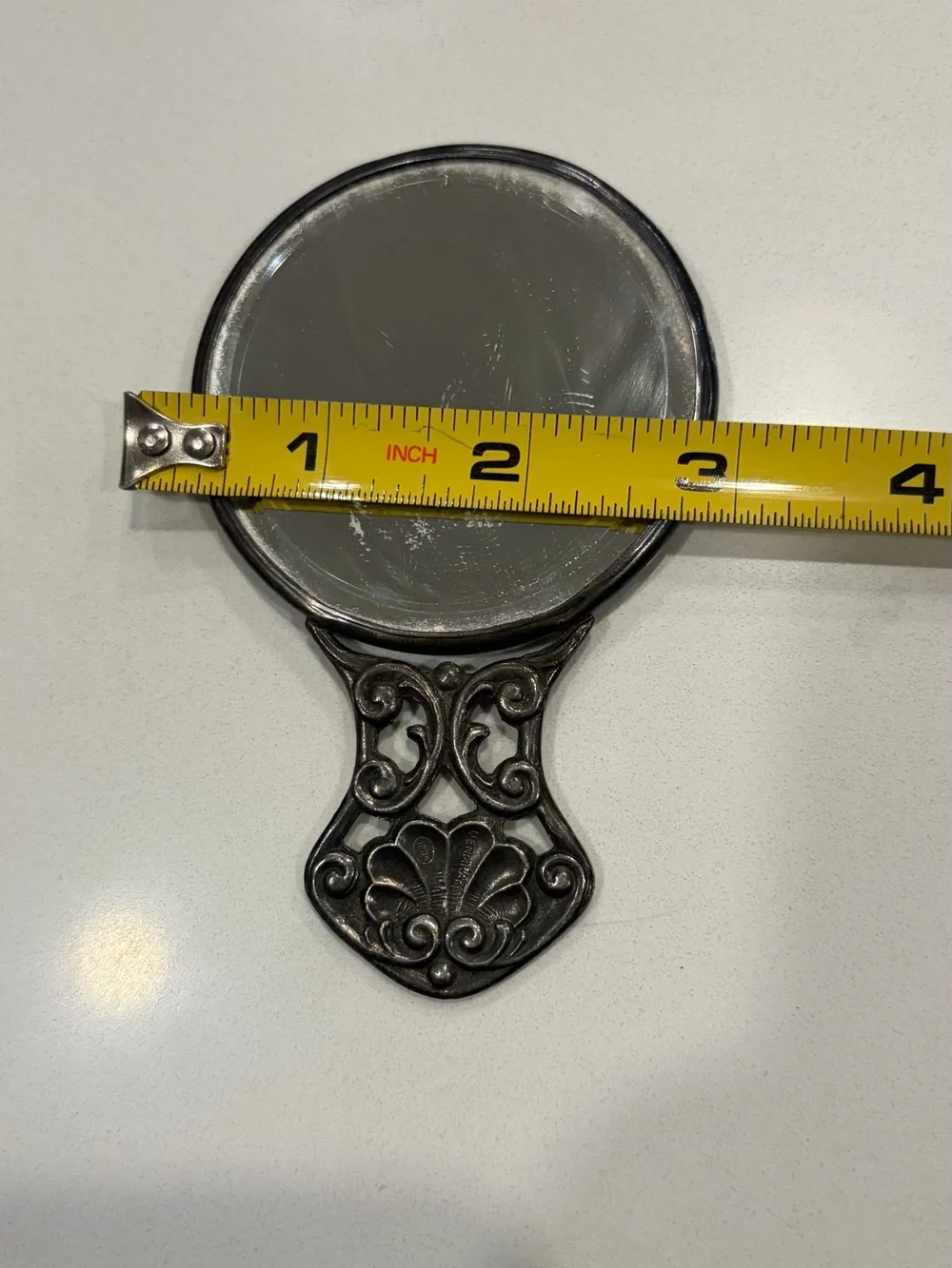 Vintage Silver-Tone Figural Hand Mirror with Tavern Scene
